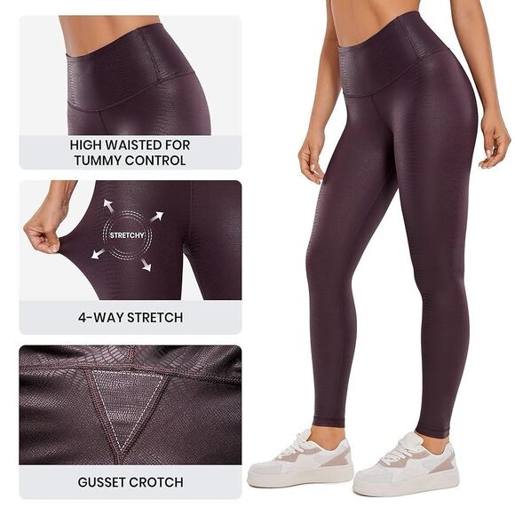 NWT CRZ Yoga Faux Leather Plum Lizard Tummy Control Leggings Sz L - Picture 1 of 9